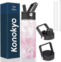 Konokyo 18 oz Insulated Water Bottle Stainless Steel Sport Bottles with 3 Lids,Marble Blossom