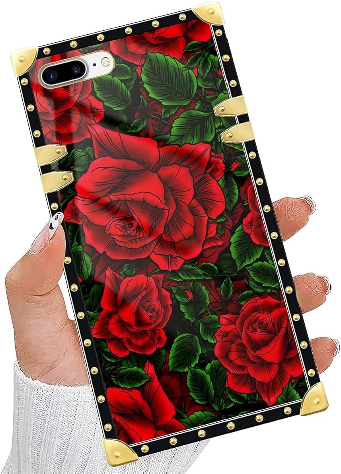 Compatible with iPhone 8 Plus 7 Plus Case, Vector Red Rose Green Leaf Luxury Golden Decoration for Girl Women Soft TPU Shockproof Protective Hard PC Back for iPhone 8 Plus 7 Plus
