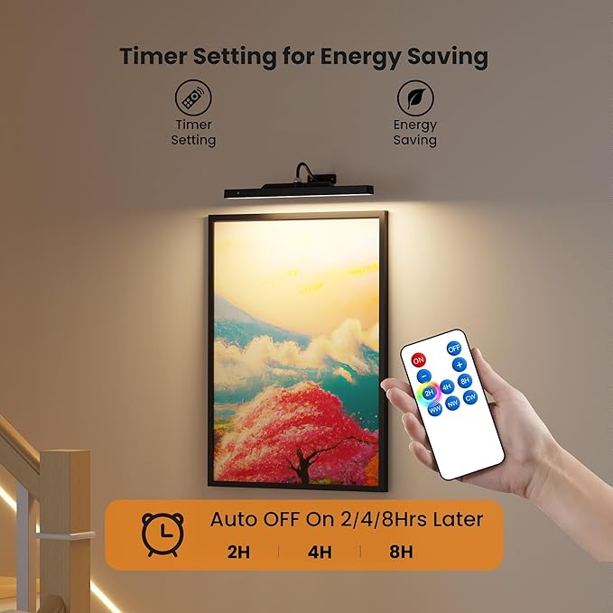 Dimmable Cordless Picture Light for Wall 16n, 5000mAh Rechargeable Battery Wall Sconce Art Light, CRI 95+ 350LM Wall Light for Gallery Artwork, Paintings, Photo, Portraits - Black