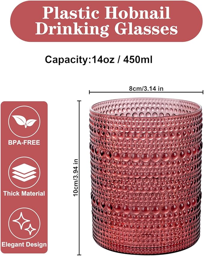 18PCS Plastic Hobnail Drinking Glasses - 14 Oz Burgundy Vintage Glasses Mixed Drinkware Sets - Disposable Beaded Cups for Beer, Whiskey, Juice, Cocktail, Wine, Party