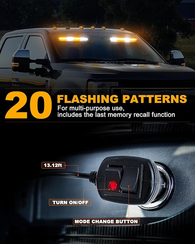 HLauto 6Z4J Emergency Dash Strobe Lights: 2x16.8 inch Amber White Safety Lights, 48 LED Flashing Warning Hazard Interior Windshield Visor Traffic Light Bars for Trucks, Construction Vehicles