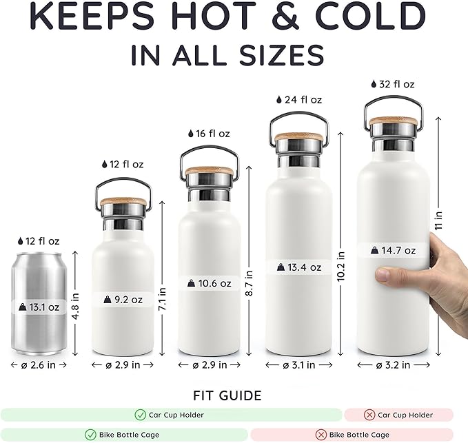 Bambaw 12 oz Water Bottle Stainless Steel with Handle, Small Metal Water Bottle Insulated, For Hot & Cold Drinks, Easy to Clean, Great for Travel, Fits in Cup Holder (Polar White)