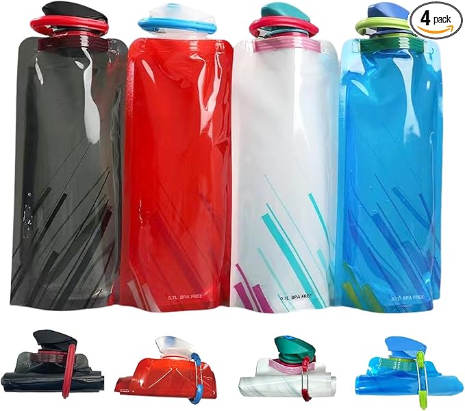 4 Pack 25oz Collapsible Water Bottles, 4 Colors Reusable Leakproof Water Bags for Drinking, Foldable Flat Water Bottles with Clasp for Outdoor Sports Camping Traveling Biking