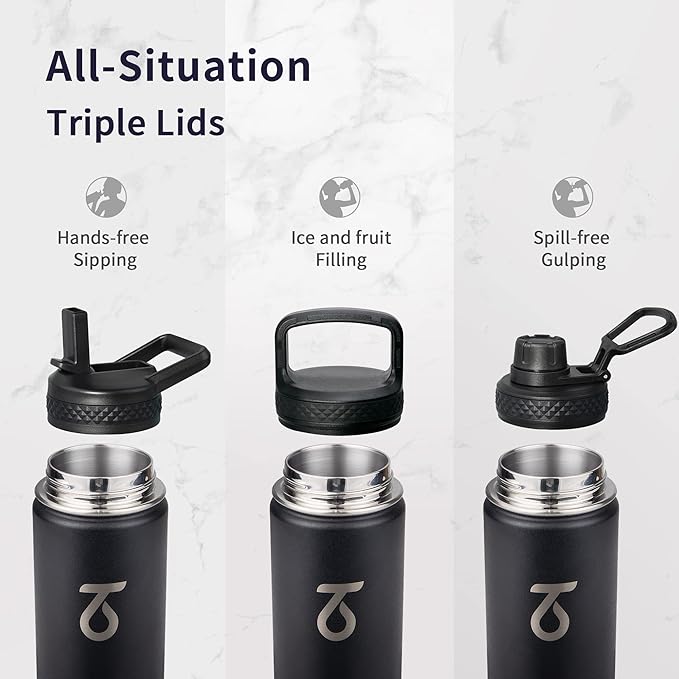 Trebo 24 oz Water Bottle Insulated with Lid and Straw,Triple Wall Vacuum Stainless Steel Metal Tumbler Sports Flask with Paracord Handle, Keep Hot 24 Hours & Cold 48 Hours Water Cup with 3 Lids, Black