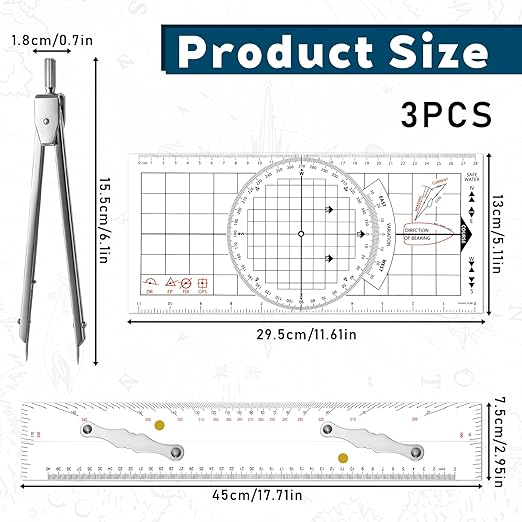 3 Pcs Basic Navigation Set, Include 16 Inch Parallel Ruler with Brass Arms Nautical Protractor Navigation Divider with Clear Scales, 6 Inch Marine Fixed Points Divider for Boat