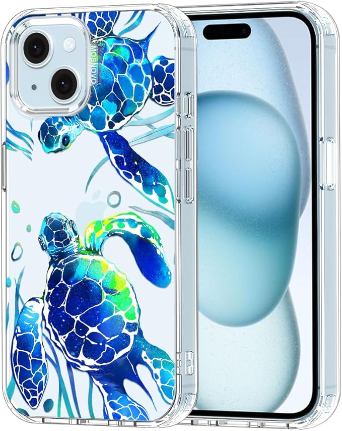 MOSNOVO Case for iPhone 15 Plus/iPhone 14 Plus, [Buffertech 6.6ft Military-Grade Drop Protection] [Anti Peel Off Tech] Clear TPU Bumper Phone Case Cover Design - Sea Turtles