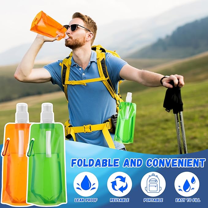 Teenyyou 100 Pack Collapsible Water Bottles Bulk 16oz Foldable Water Bottles with Carabiner Reusable Drinking Leak Proof Container Bags for Sport Biking Hiking Camping Travel Outdoor (Multiple Colors)
