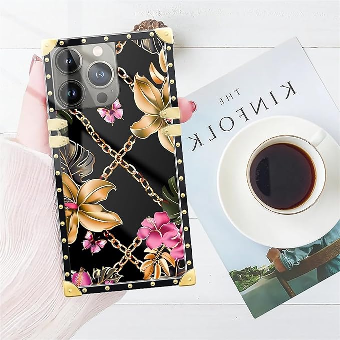 Compatible with iPhone 15 Pro Max Case, Pink Golden Chain Tropical Flower Luxury Golden Decoration for Girl Women Soft TPU Shockproof Protective Hard PC Back for iPhone 15 Pro Max