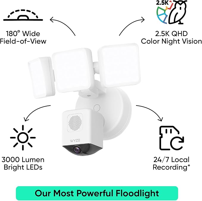 WYZE Floodlight Camera Pro, PCMag Editors' Choice 3000-Lumen LEDs, 2.5K HD Outdoor Security Camera, 180° Wide View, Motion Detection, Color Night Vision, Works with Alexa & Google, Free Expert Setup