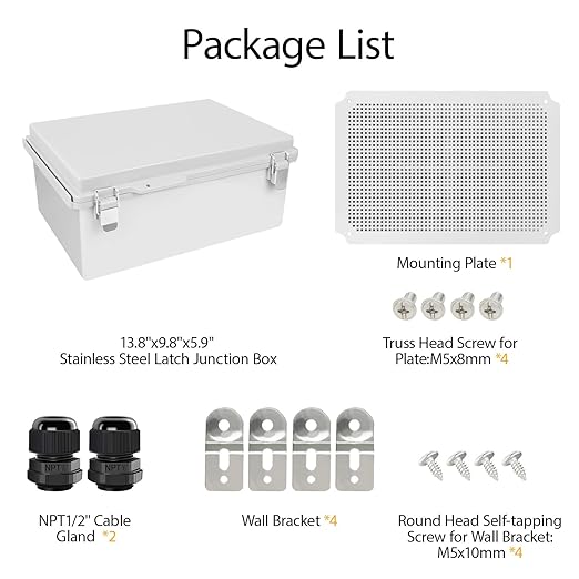 LeMotech Electrical Box, IP67 Waterproof Hinged Cover Stainless Steel Latch Junction Box, ABS Plastic Electrical Enclosure with Mounting Plate,Wall Brackets, Cable Glands, 13.8"x9.8"x5.9", Grey