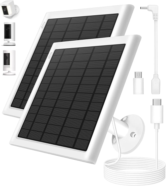 8W Solar Panel for Ring Camera, 2-Pack Solar Panel Charger Compatible with Ring Stick Up Cam Battery, Spotlight Cam Battery, Includes Barrel Plug to USB-C Adapter, IP65 Waterproof, 10ft Cable