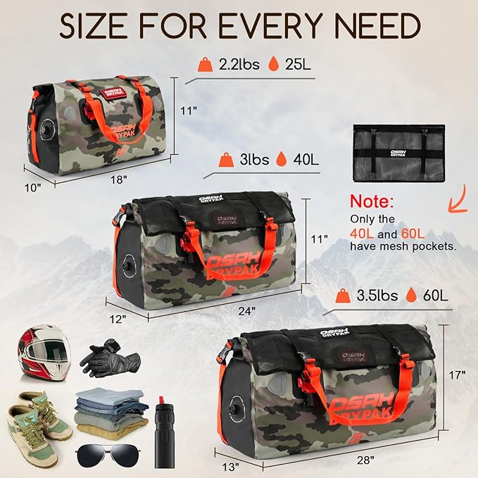 OSAH DRYPAK Waterproof Duffel Bag - Motorcycle Dry Bag Tail Bag with Large Storage Space, Waterproof Luggage Duffle Bags with Outer Mesh Zipper Pocket for Camping, Kayaking, Fishing & Traveling