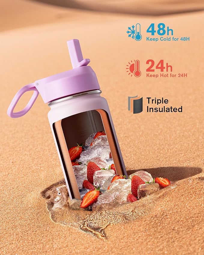 Coolflask Water Bottle 24 oz Insulated with Straw, Stainless Steel Metal 3 Lids Water Flask Wide Mouth for Sports or Office, Non-BPA Keep Cold Up to 48 Hrs or Hot Up to 24 Hrs, Pink