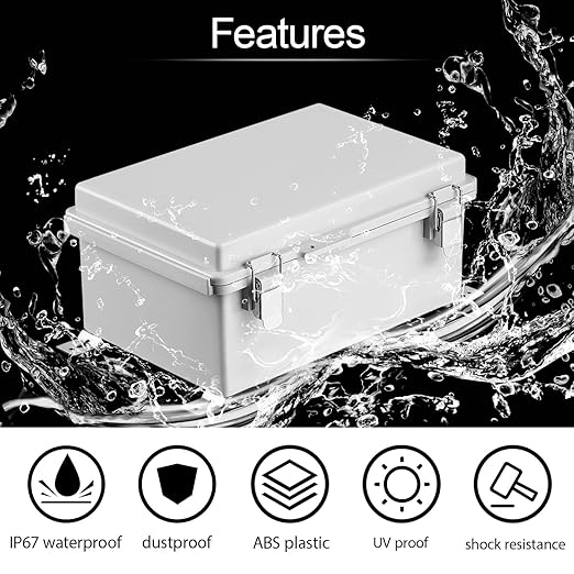 LeMotech Electrical Box, IP67 Waterproof Hinged Cover Stainless Steel Latch Junction Box, ABS Plastic Electrical Enclosure with Mounting Plate,Wall Brackets, Cable Glands,11.8"x7.7"x5.2",Grey