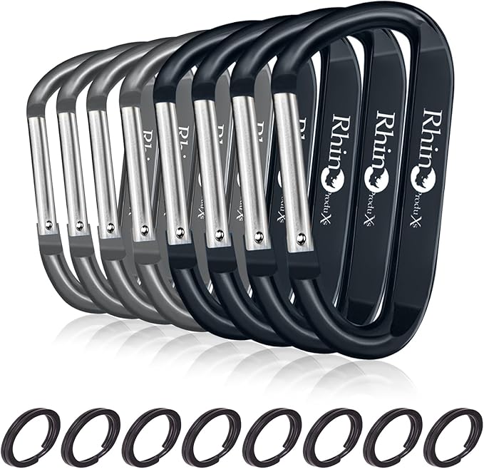 Rhino Produxs 8PCS of Lightweight Duty Snap Carabiner Clips, D Ring Shape Carabiner with 8PCS Keyring - Excellent for Outdoor, Camping, Hiking, Keychains, Water Bottle, Keychain Hook