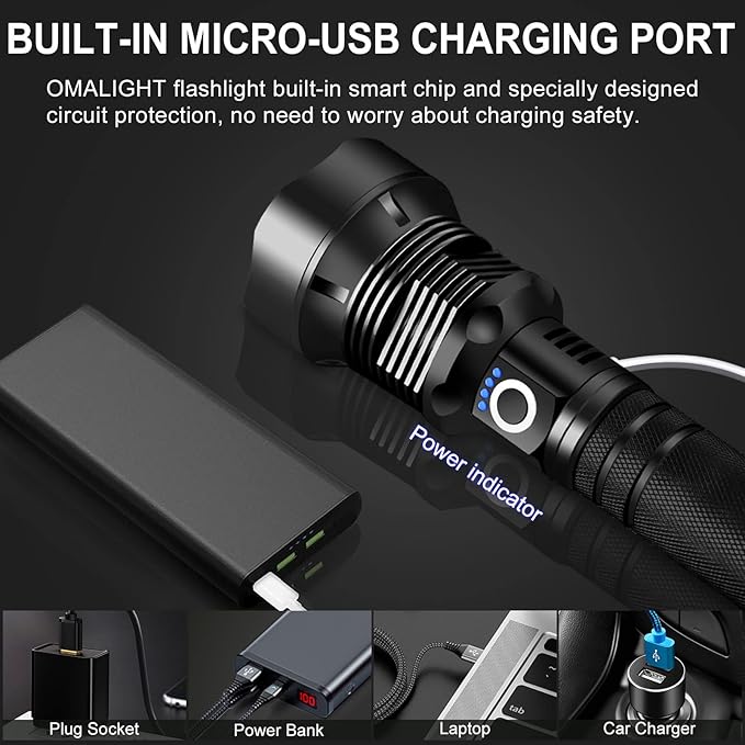 OMALIGHT Rechargeable LED Flashlight, 90,000 Lumens Super Bright Tactical Flashlights with Zoomable 10 Modes Waterproof Flash Light for Camping Emergencies Outdoor Indoor
