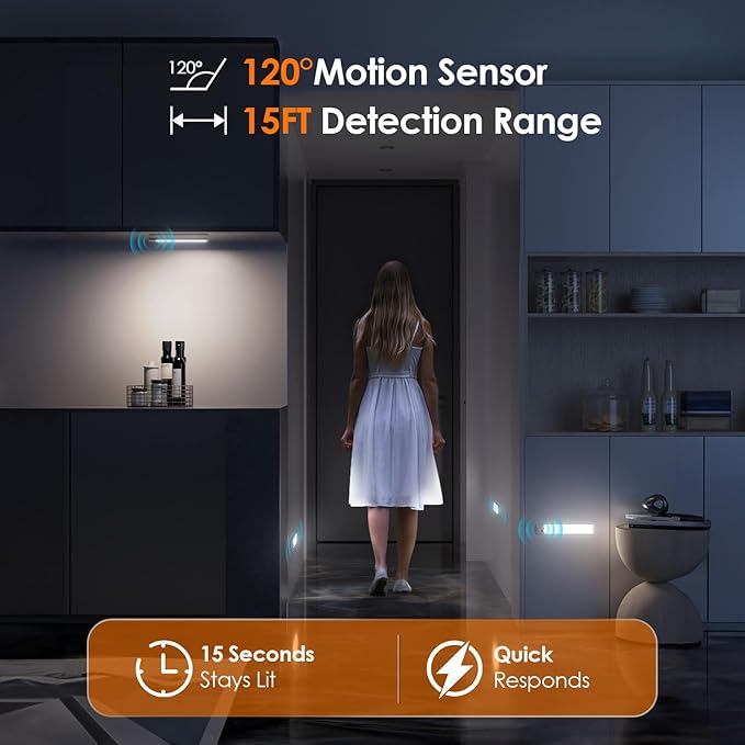 RUIKORING 8.5" Under Cabinet Lighting 6 Pack, 3 Colors, Motion Sensor Light Indoor,48 LED Rechargeable Closet Lights, Dimmable Under Counter Lights, Stick-On Magnetic Cabinet Night Lights for Kitchen