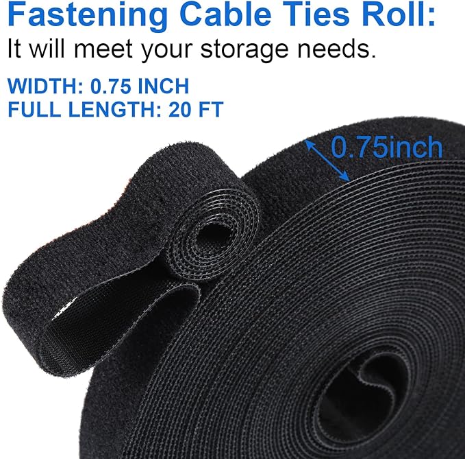 OneLeaf Fastening Cable Management Roll, 20ft x 3/4inch Cut to Length Straps, Reusable Multi-Purpose Cords Management, Double Sided Hook and Loop Cable Ties Roll (Black)