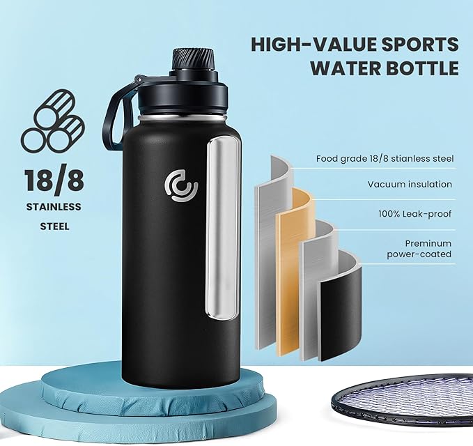 Sports Water Bottle 32oz, Insulated Water Bottle with Handle,Stainless Steel,Simple Modern,Suitable for Travel, School, Boy, Girl(Black)
