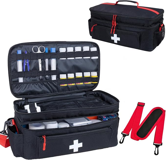 ALSLEA First Aid Bag Empty Large Medical Bag with Shoulder Strap 16”x 9.5” x 7” Medicine Organizer Travel First Aid kit Emergency Supplies Storage Bag for Car, Home, Office, Outdoor (Black)