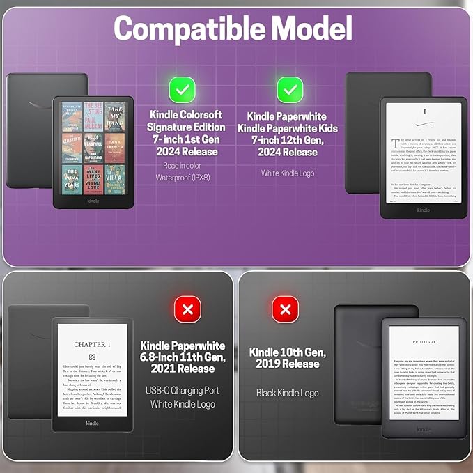 TNP Stand Case with Strap for Kindle Paperwhite 12th Gen 2024 / Kindle Colorsoft Signature Edition - 7" PU Leather Protective Folio Cover with Auto Wake/Sleep & Card Slot, Marble Purple
