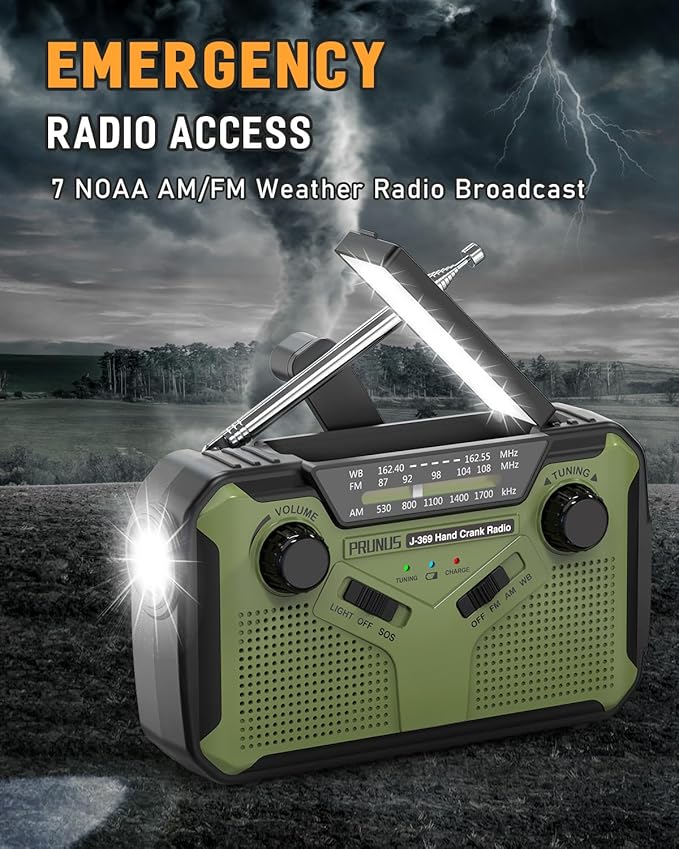 PRUNUS J-369 11100mWh Emergency Weather Radio, AA Batteries/Hand Crank/Solar/USB Charging, NOAA/AM/FM, LED Flashlight and Reading Lamp,SOS Alarm & Flashlight Portable