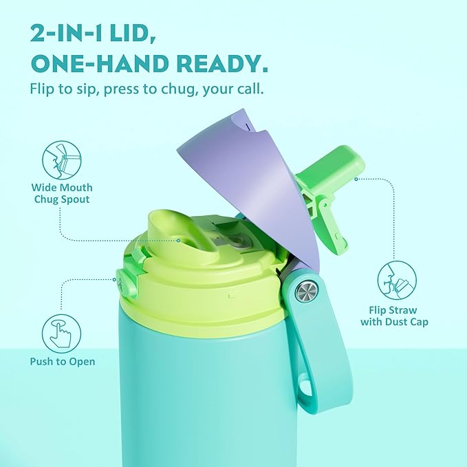POWCAN 18 oz Insulated Water Bottle: 2-in-1 Push-Button Spout & Quick-Flip Straw, Leakproof, Cold 24Hrs, Fits Car Cup Holder, Stainless Steel Sports Water Bottle, Gift for Women, Girls (Sea Princess)