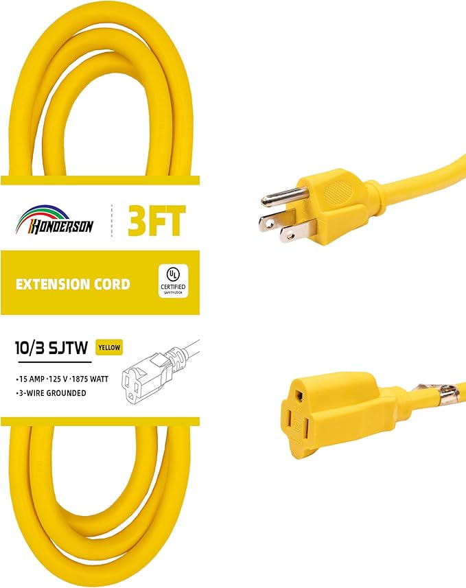 Extension Cord Weatherproof, UL Certified, 10 Gauge 3FT Yellow 3 Prong Heavy Duty, 10/3 SJTW 15A Power Cord for Lights, Appliances, Lawn