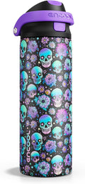 Encool SwiftSip Insulated Stainless Steel Water Bottle with Straw - Leak Proof Sports Water Bottle for School, Travel, Keeps Cold All Day, One-Touch Flip Lid, BPA-Free, 24 oz, Floral Afterlife