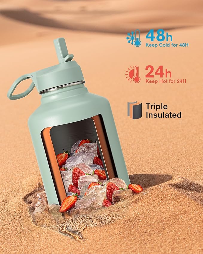Coolflask Half Gallon Water Bottle Insulated with Straw & 3 Lids, 64 oz Water Jug Large Metal Stainless Steel Wide Mouth for Sports, Gym or Office, Non-BPA Keep Cold 48H Hot 24H, Grey Green