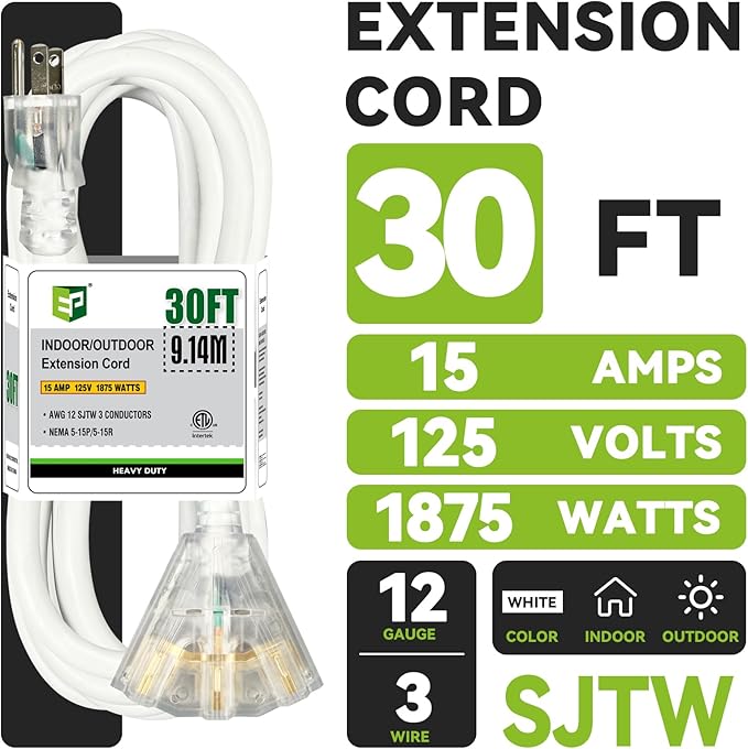 EP 30FT 12 Gauge Heavy Duty Extension Cord, 15A 125V 1875W, 3 Outlet Indoor/Outdoor Power Cord with Lighted End, 12/3 SJTW Weatherproof White, ETL Listed