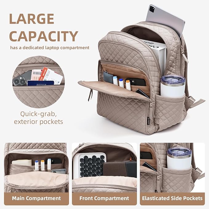 Backpack for Women,College Backpack,Quilted Casual Daypack,Waterproof Bookbag for 15.6Inch Laptop