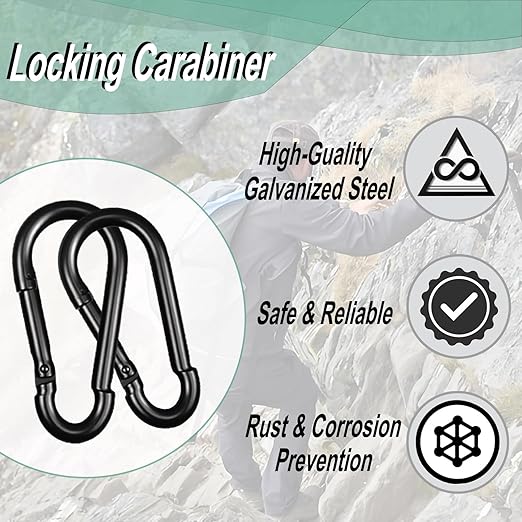 Black Carabiner, Heavy Duty Galvanized Steel Spring Snap Hook Carabiner Clips with 1000LBS Holding Capacity, Ideal for Outdoor, Hammock, Swing and Travel (6PCS M12 4.7Inch)