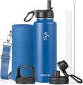 Coolflask Water Bottle 40 oz Insulated with Straw, Stainless Steel Metal 3 Lids Water Flask for Sports or Office, Keep Cold 48H Hot 24H, King's Blue