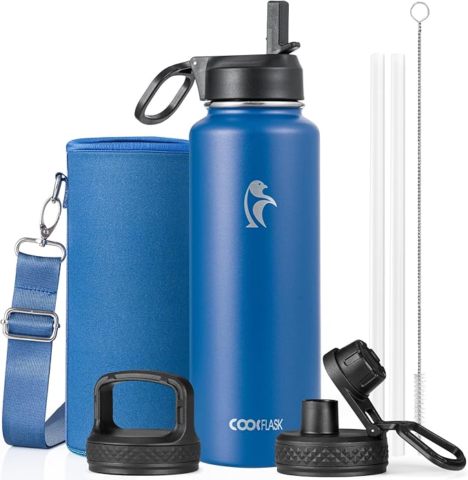 Coolflask Water Bottle 40 oz Insulated with Straw, Stainless Steel Metal 3 Lids Water Flask for Sports or Office, Keep Cold 48H Hot 24H, King's Blue