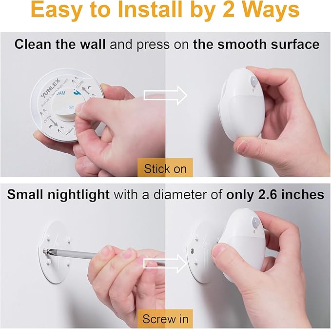 YUNLEX 2 Pack Motion Sensor Night Light, Gold Yellow, 3 Lighting Modes, Stepless Dimming, Battery-Powered, Dimmable LED, Suitable for Bedroom, Bathroom, Stairs, Corridors, Closets