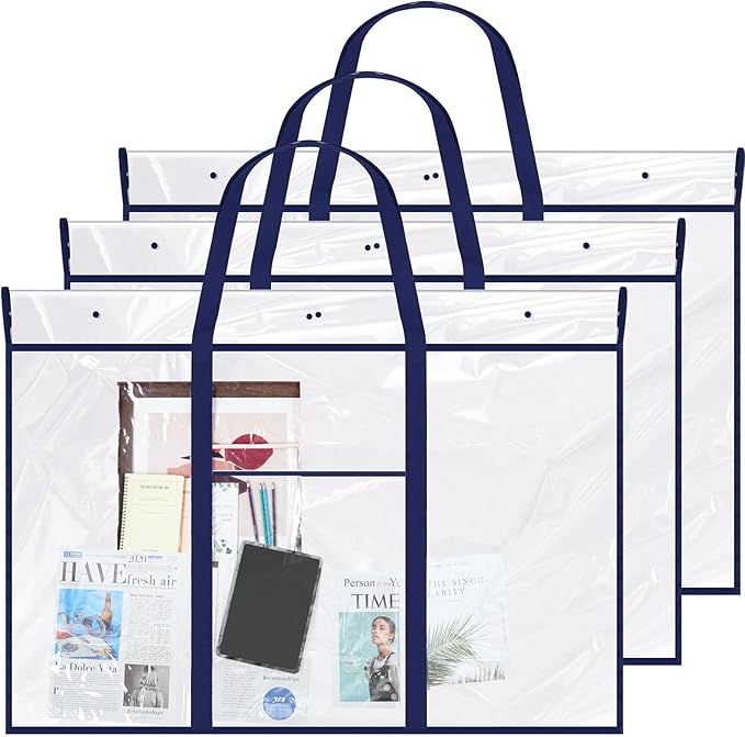 Windyun 3 Pack Large Poster Storage Bag 48" x 36" Bulletin Board Holder Art Portfolio Case PVC Art Portfolio Container Bulletin Board Storage Box with Pocket for Classroom Teacher Organization(Blue)
