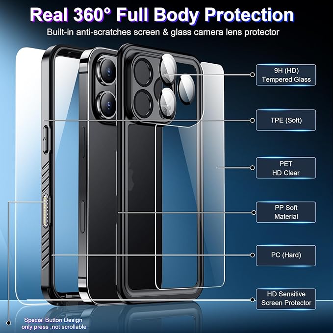 2025 New Designed for iPhone 16 Pro Max Case Waterproof, [Built-in Screen Protector & Glass Camera Protector][Full Body Shockproof][IP68 Underwater][Dropproof] Phone Case for iPhone 16 Pro Max 6.9"