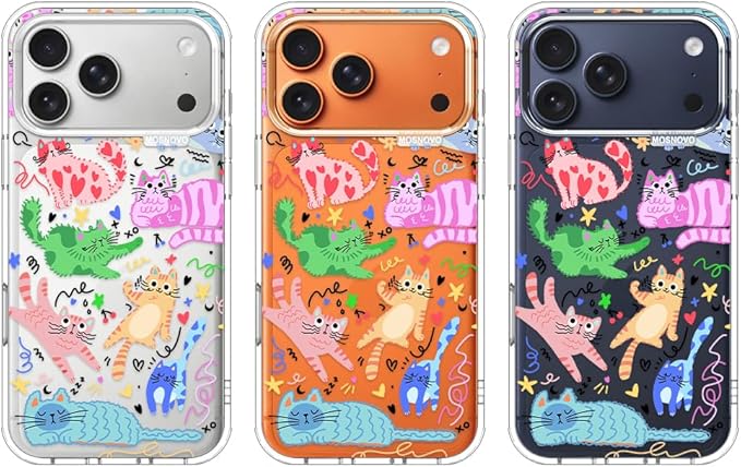 MOSNOVO for iPhone 17 Pro Max Case, Shockproof Military-Grade Protection 6.6ft Drop Tested, Camera Control, Clear Phone Case for iPhone 17 Pro Max, Doodle Cats Design