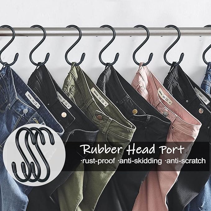 DINGEE 20 Pack Rubber Coated S Hooks for Hanging Plants,Heavy Duty S Hook,Non Slip 3 Inch Closet S Hooks,Steel Metal Black Vinyl Coated Small Hanging Hook for Jeans Pots and Pans Coffee Cups