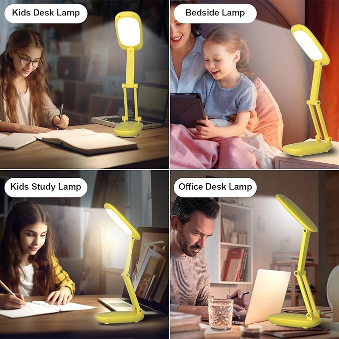 Akejrym LED Desk Lamp for Office Home & Battery Operated Lamp Rechargeable Lamp Foldable & Portable Light, [2-Fold Bracket] 3 Brightness Dimmable Small Desk Lamp Wireless Reading Lamp (Yellow)