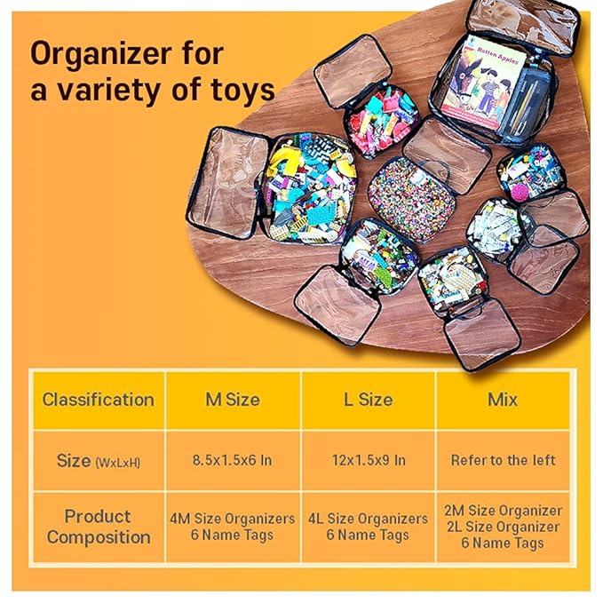 holay 4 Packs PVC Toy Storage Organizer with Zipper, Name Tag & Manual Pocket, Clear Durable Case for Blocks, Clay, Board Games, Travel (Black, Small, Large)