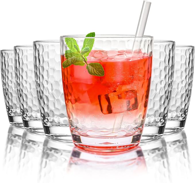 6 Pcs Plastic Drinking Tumblers of 14 oz, Acrylic Drinking Glasses with Straw&PP Brush, BPA-Free, Stackable Water Cups, Clear Cups for Juice, Wine (14 oz-6 pcs)