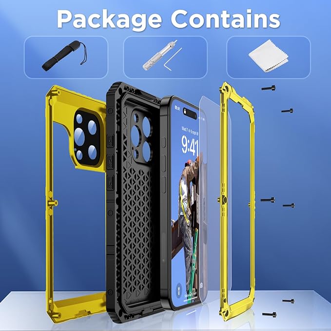Mitywah Waterproof Case for iPhone 16 Pro Max, Heavy Duty Metal Cover with Built-in Screen Protector, Military Grade Full Body Shockproof Rugged Protective Phone Case 6.9 inch, Yellow