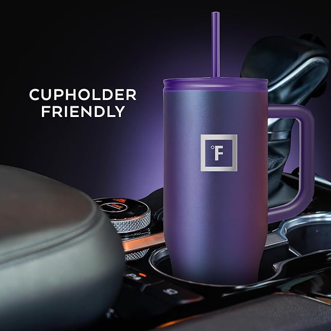 IRON °FLASK Co-Pilot Insulated Mug w/Straw & Flip Cap Lids - Cup Holder Bottle for Hot, Cold Drink - Leak-Proof - Water, Coffee Portable Travel Mug - Rose Gold, 40 Oz