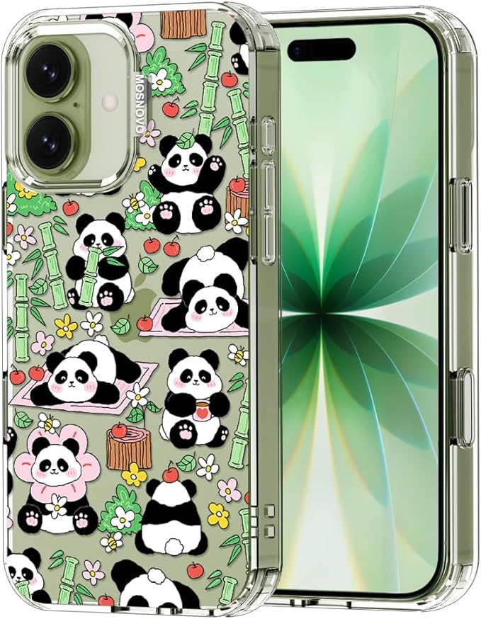 MOSNOVO for iPhone 17 Case, Shockproof Military-Grade Protection 6.6ft Drop Tested, Camera Control, Clear Phone Case for iPhone 17, Kawaii Panda Garden Design