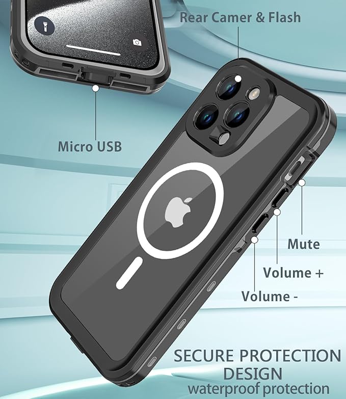 for iPhone 15 Pro Max Case Waterproof,Shockproof Dustproof IP68 Waterproof iPhone 15 Pro Max Case Built-in Screen Protector Charging Magnetic Ring for iPhone 15 Pro Max Cover Black