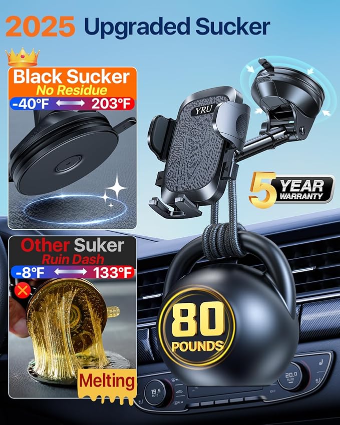 YRU True Upgrade for Safety Car Phone Holder Mount Patent & Military-Grade Dashboard Cell Phone Holder for Car Vent Windshield Phone Stand for iPhone 17 16 15 14 13 Pro Max Truck Samsung, Matte Black