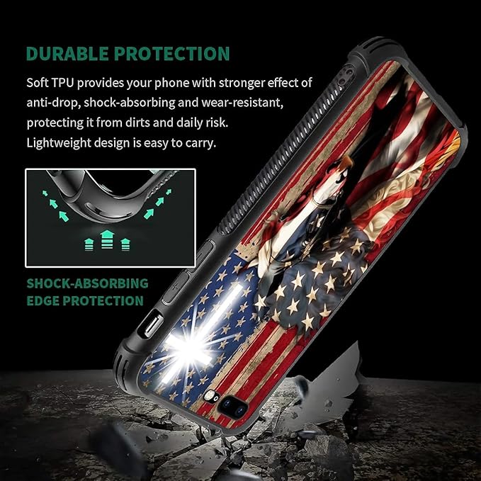 Case for iPhone 7 Plus/8 Plus, Red American Flag Horse Cross Pattern, Soft Silicone Hard Acrylic for Shock Protection