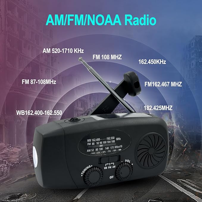 Emergency Hand Crank Radio with LED Flashlight for Emergency, AM/FM NOAA Portable Weather Radio with 2000mAh Phone Charger, USB Charged & Solar Power for Camping, Emergency (Black)